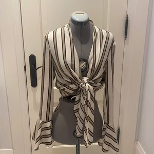 Striped tie front blouse with flared sleeves